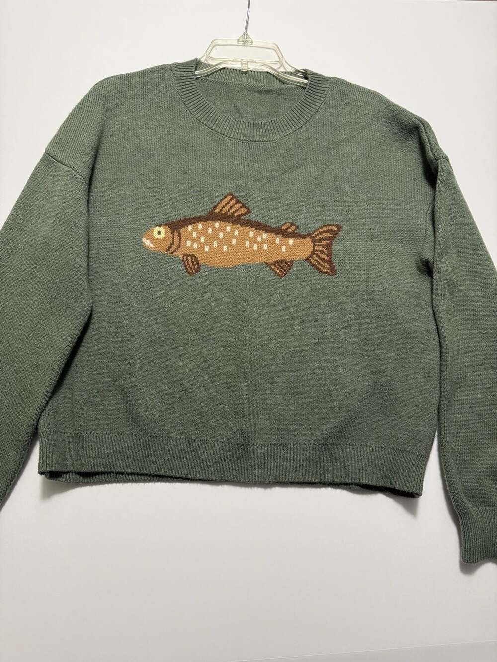 Unbranded Green Fish Graphic Crew Neck Oversized Pullover Knit Sweater